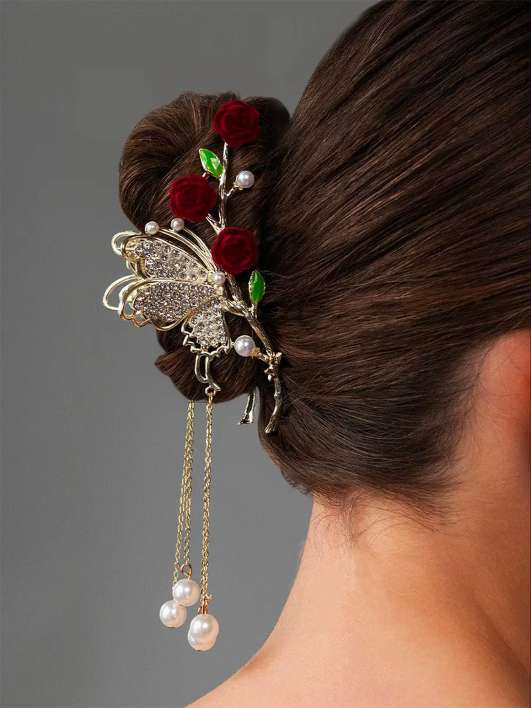 Pince à cheveux papillon doré, pince crabe fleurs rouges, pince cheveux strass et perles, pince cheveux mariage femme, accessoire coiffure chic, modèle Clochette - Pince à cheveux - Or