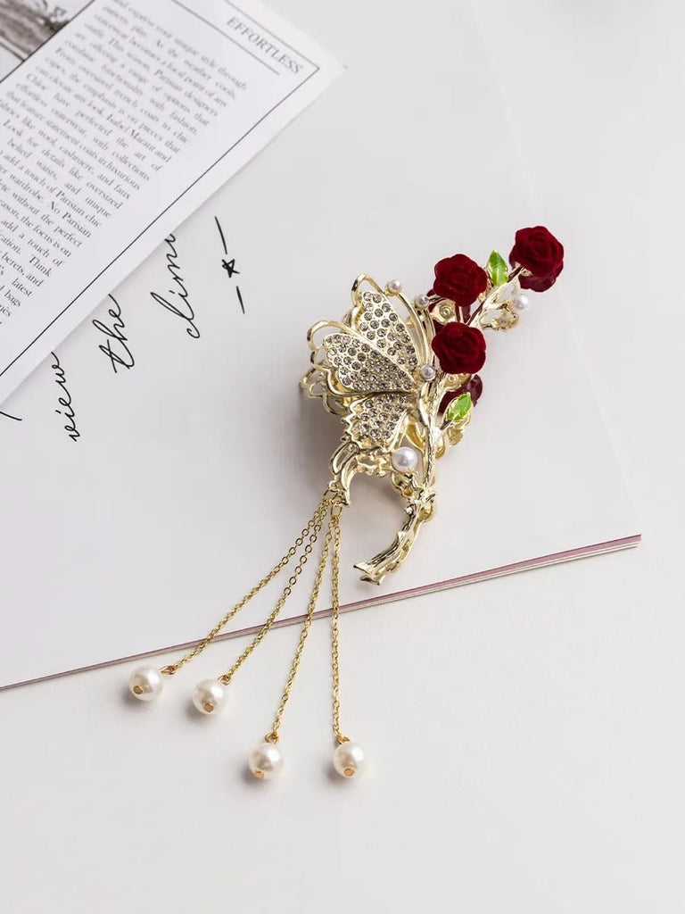 Pince à cheveux papillon doré, pince crabe fleurs rouges, pince cheveux strass et perles, pince cheveux mariage femme, accessoire coiffure chic, modèle Clochette - Pince à cheveux - Or