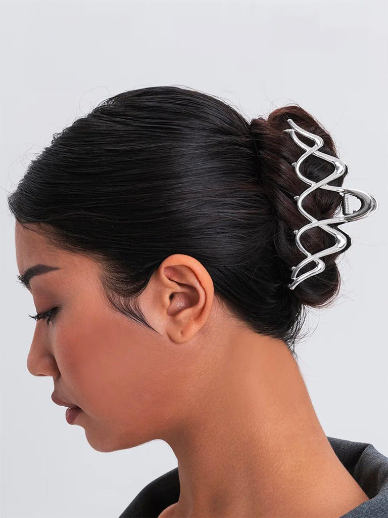 Pince à cheveux vague, pince crabe métal, grand accessoire cheveux, pince solide femme, coiffure chic, modèle Skilne - Pince à cheveux - Argent