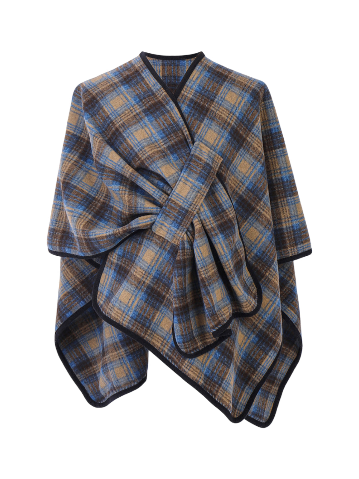Châle à carreaux, poncho plaid chaud femme, couverture épaules hiver, grand châle doux, cape carreaux bruns et bleus, plaid épais 150x130cm, modèle Kirne