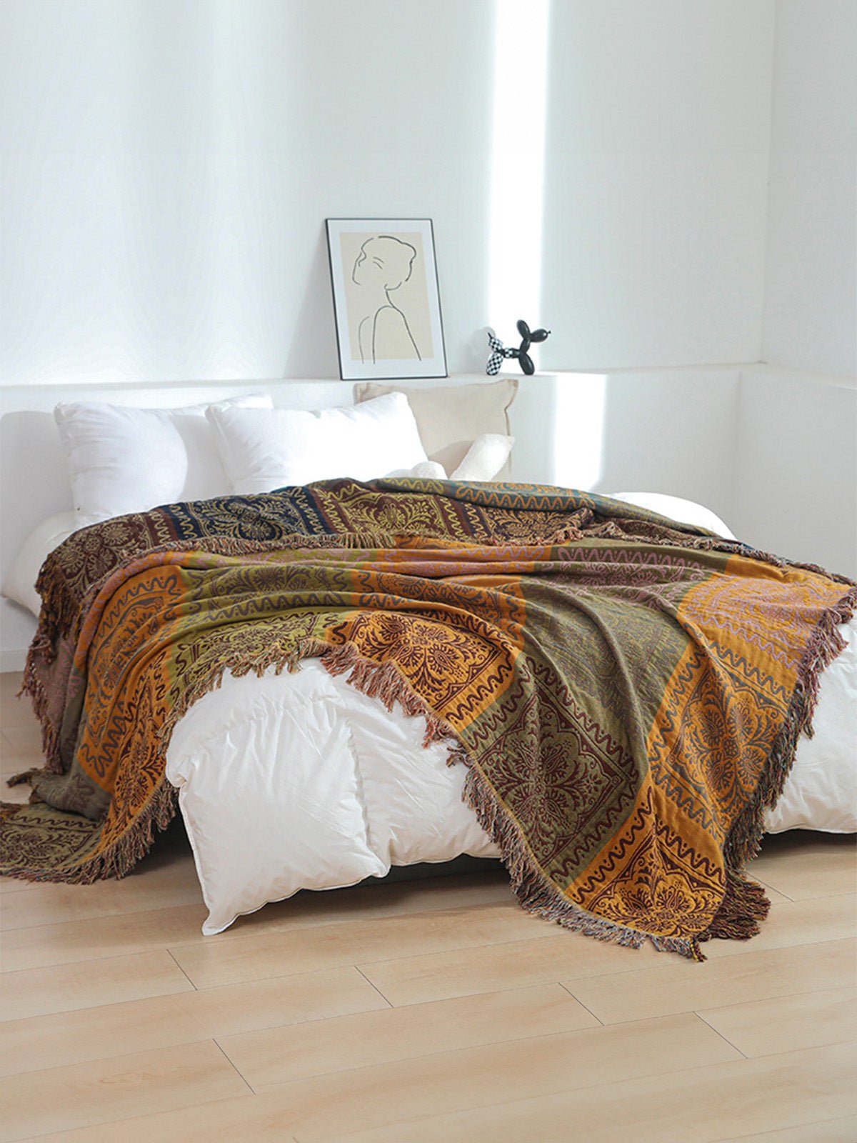 Plaid boho en coton, jeté de lit doux, couverture légère, motifs ethniques, franges décoratives, modèle Niva - Multicolore 250 x 230 cm