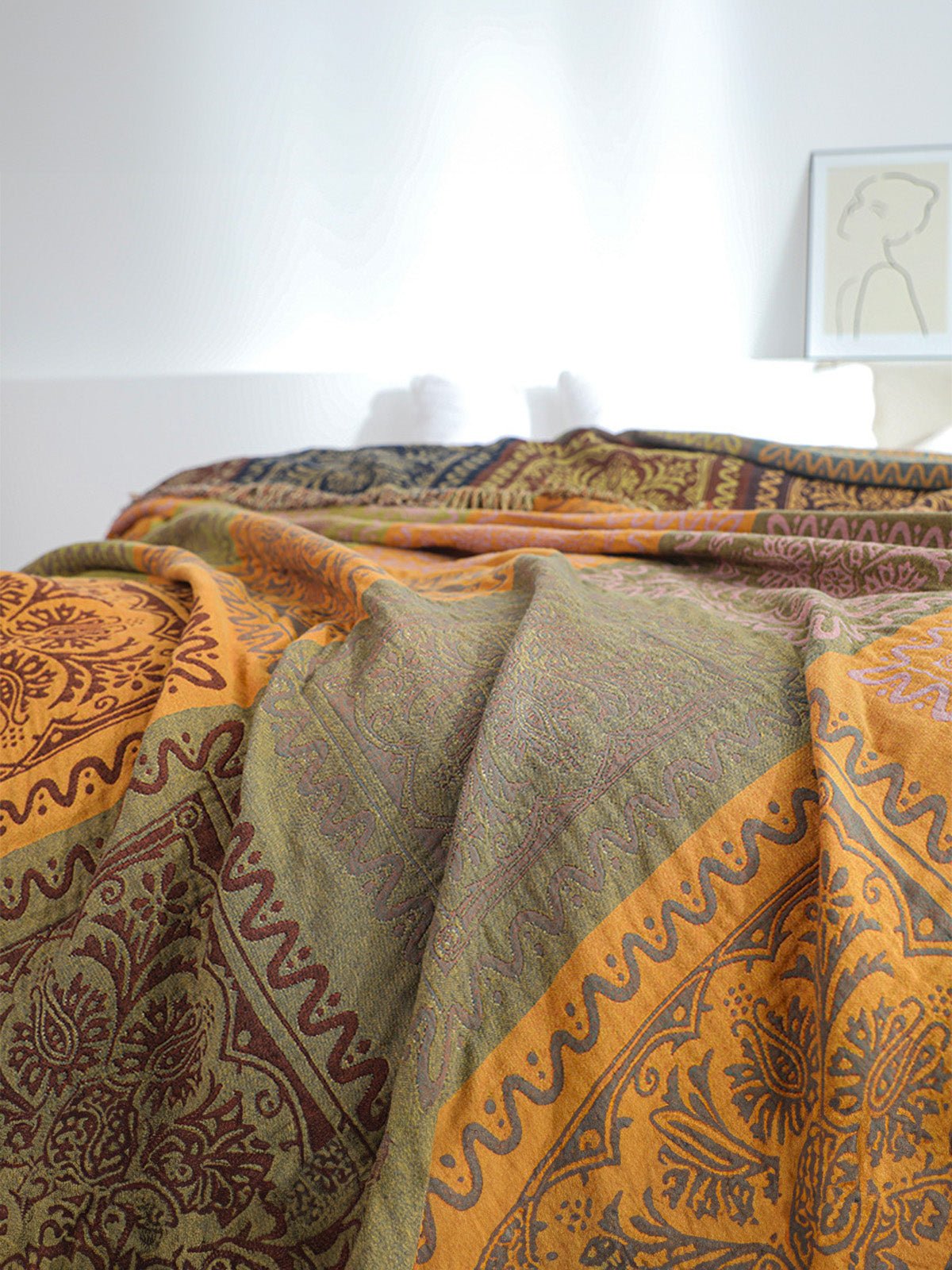Plaid boho en coton, jeté de lit doux, couverture légère, motifs ethniques, franges décoratives, modèle Niva - Multicolore 250 x 230 cm