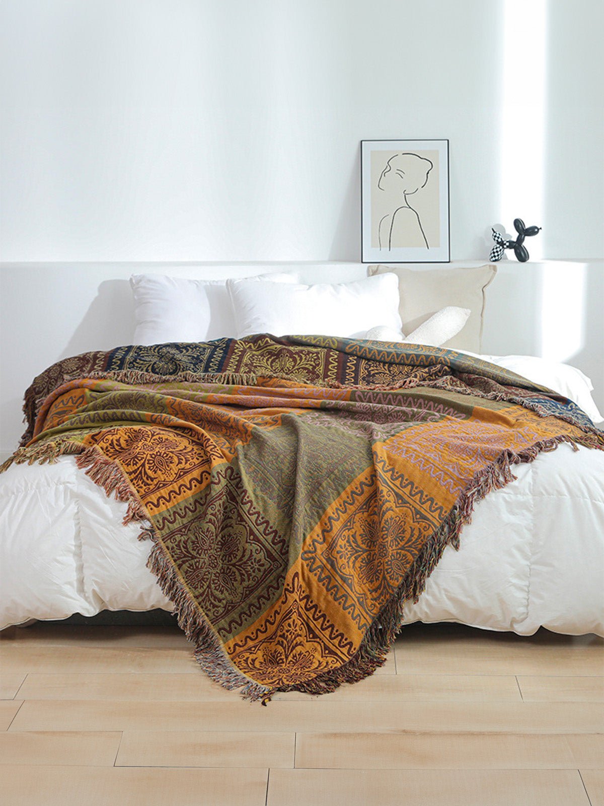 Plaid boho en coton, jeté de lit doux, couverture légère, motifs ethniques, franges décoratives, modèle Niva - Multicolore 250 x 230 cm