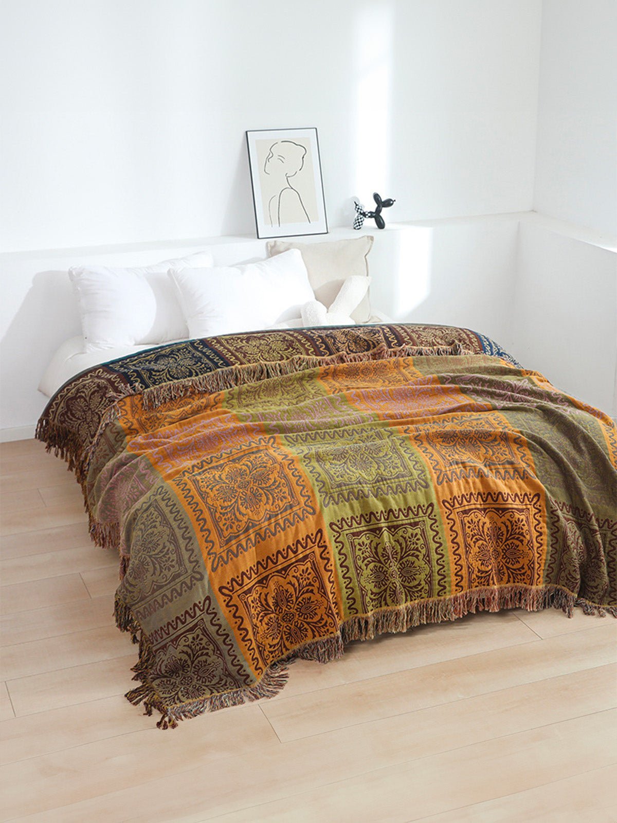 Plaid boho en coton, jeté de lit doux, couverture légère, motifs ethniques, franges décoratives, modèle Niva - Multicolore 250 x 230 cm