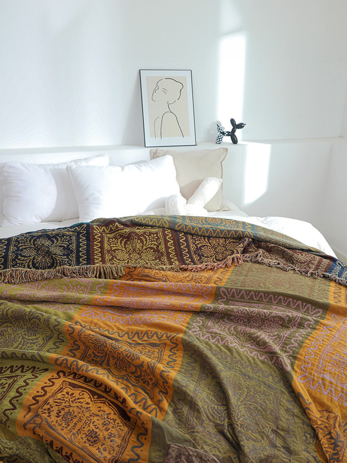Plaid boho en coton, jeté de lit doux, couverture légère, motifs ethniques, franges décoratives, modèle Niva - Multicolore 250 x 230 cm