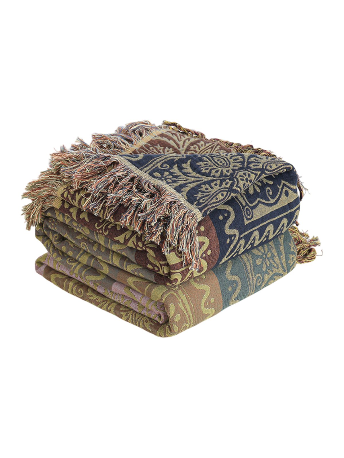 Plaid boho en coton, jeté de lit doux, couverture légère, motifs ethniques, franges décoratives, modèle Niva - Multicolore 250 x 230 cm