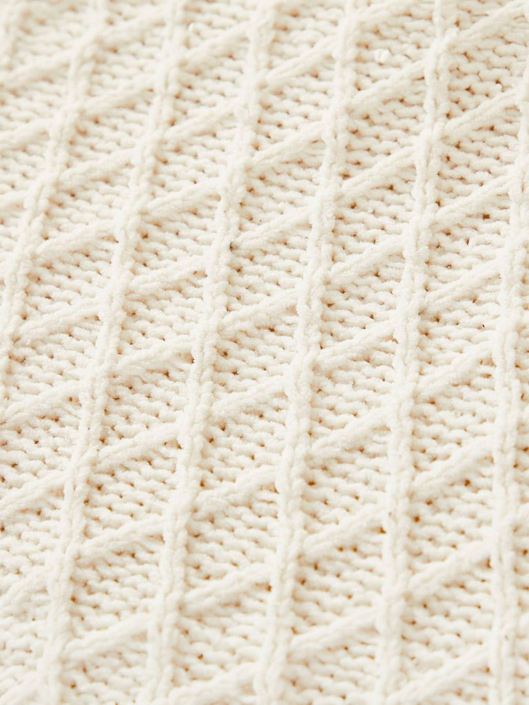 Plaid chenille tricoté crème, couverture douce canapé, plaid géométrique cosy, jeté de lit moelleux, couverture maille chaude, modèle Solal - Blanc