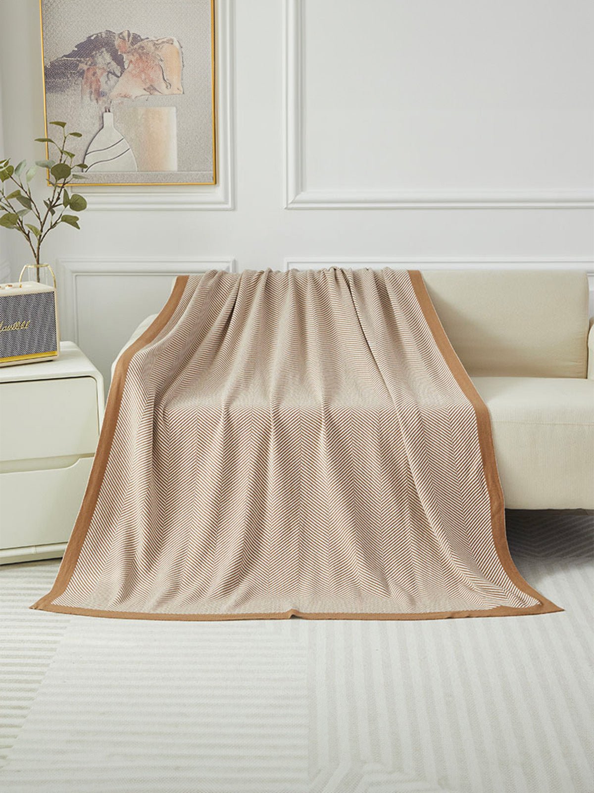 Plaid chevron doux, couverture tricotée, plaid canapé lit, plaid cocooning, couverture légère, modèle Idilo - Beige