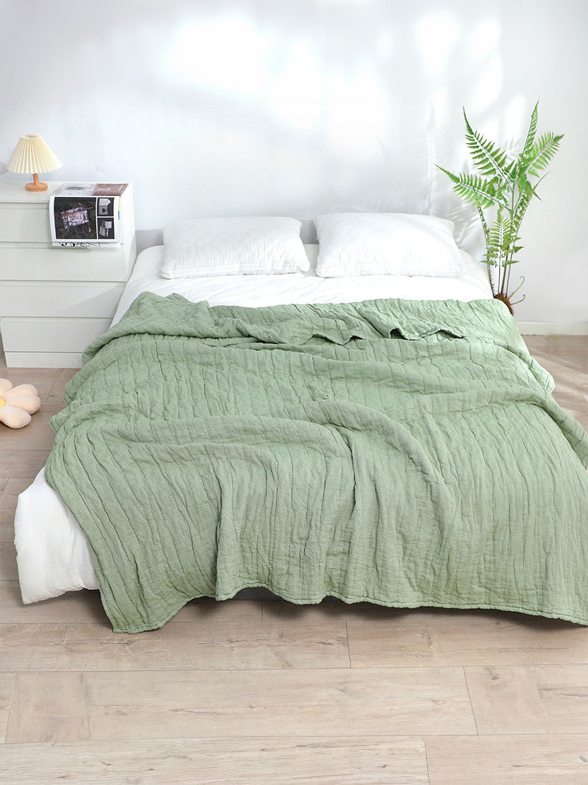 Plaid coton double gaze, couverture été, jeté de lit gaufré, plaid canapé, linge de maison doux, été automne, modèle Eliel - Vert 150 x 200 cm