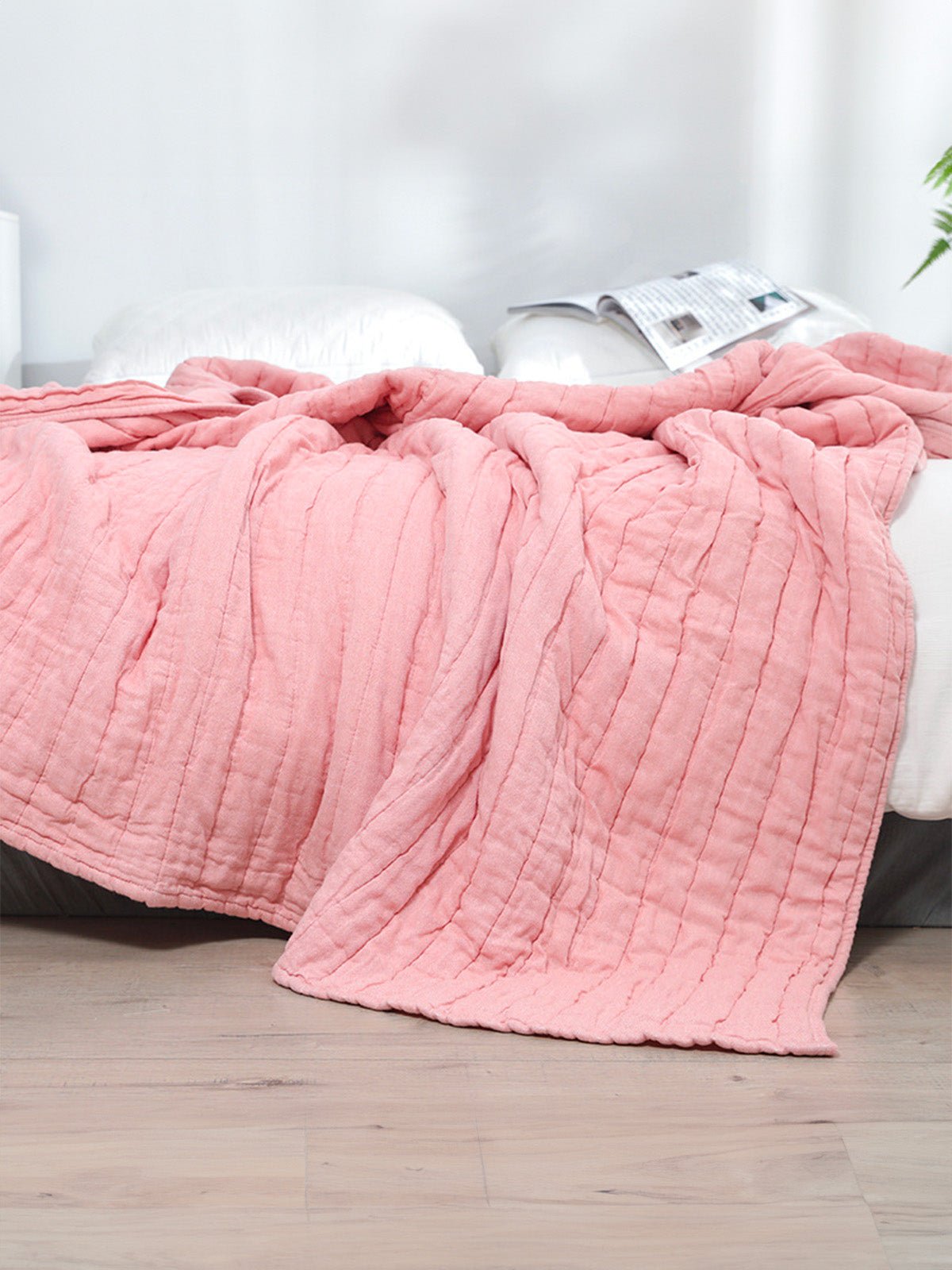 Plaid coton double gaze, couverture été, jeté de lit gaufré, plaid canapé, linge de maison doux, été automne, modèle Eliel - Rose 150 x 200 cm