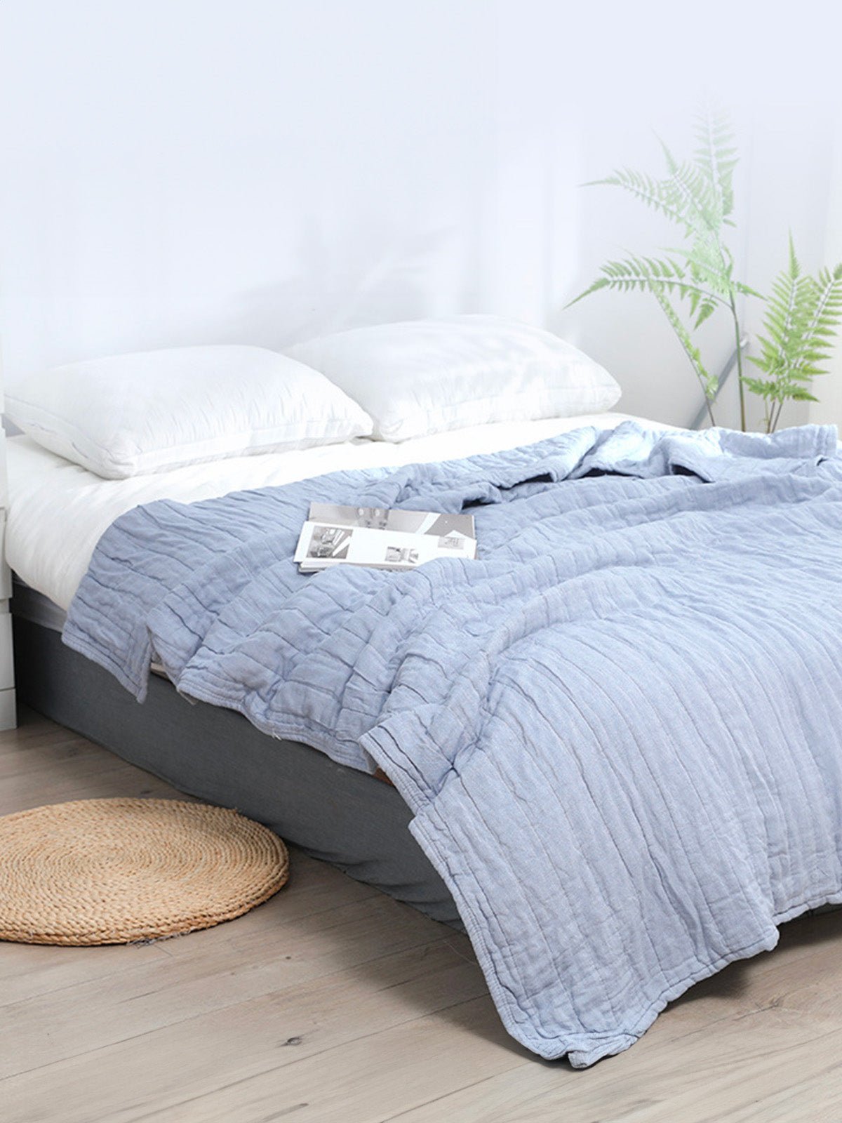 Plaid coton double gaze, couverture été, jeté de lit gaufré, plaid canapé, linge de maison doux, été automne, modèle Eliel - Bleu 150 x 200 cm
