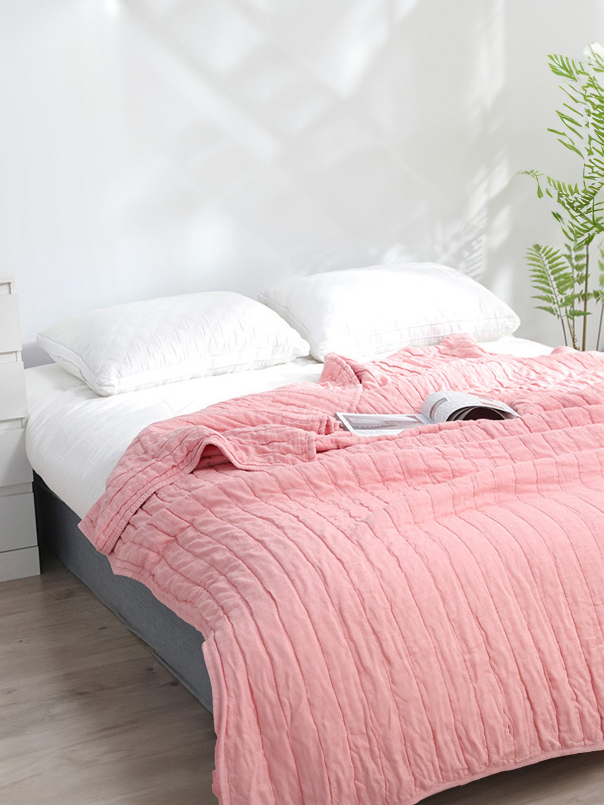Plaid coton double gaze, couverture été, jeté de lit gaufré, plaid canapé, linge de maison doux, été automne, modèle Eliel - Rose 150 x 200 cm