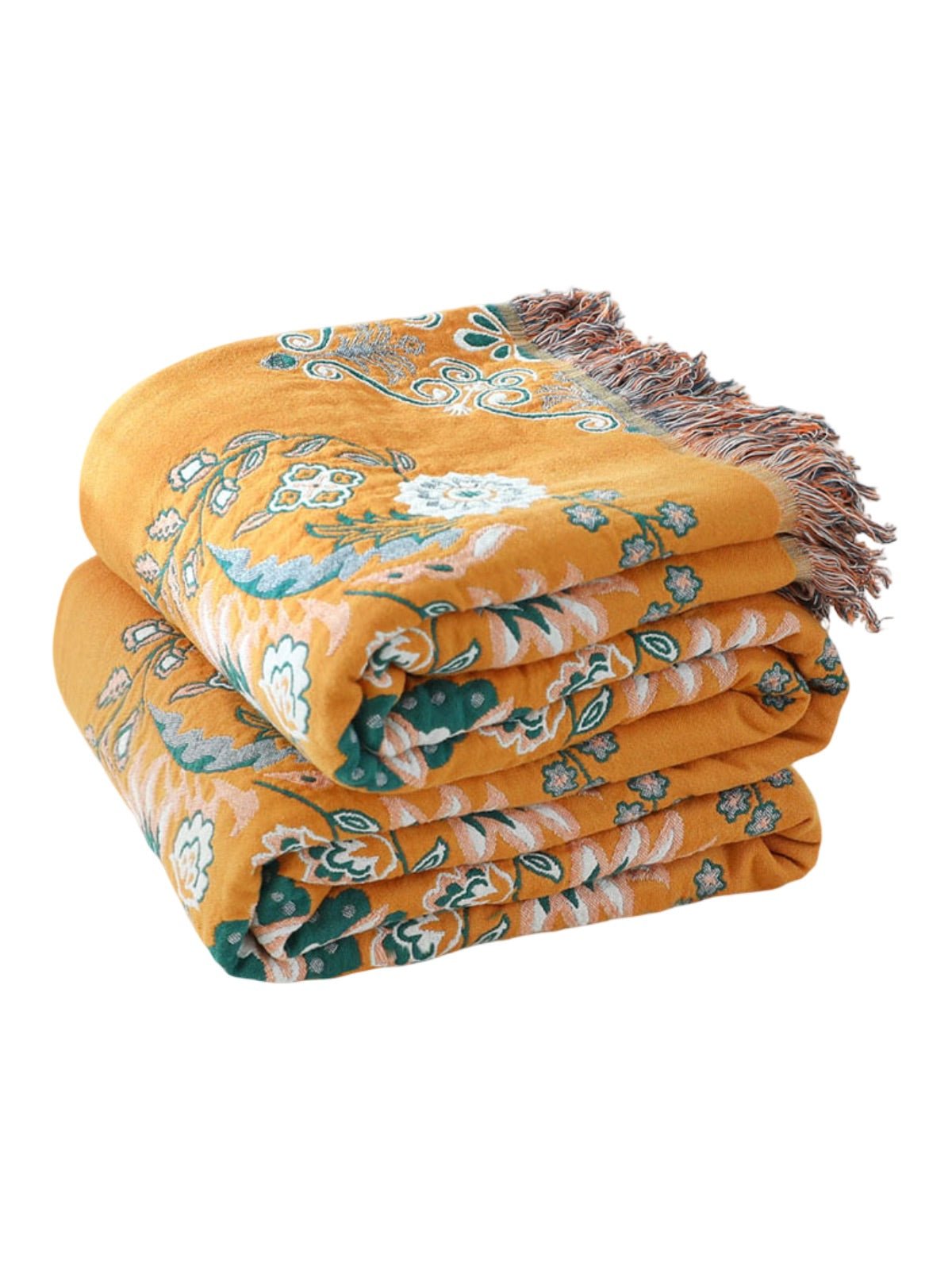 Plaid coton imprimé floral, couverture canapé réversible, jeté décoratif frangé, plaid double face, motif bohème, modèle Luanis - Jaune et vert 230 x 250 cm