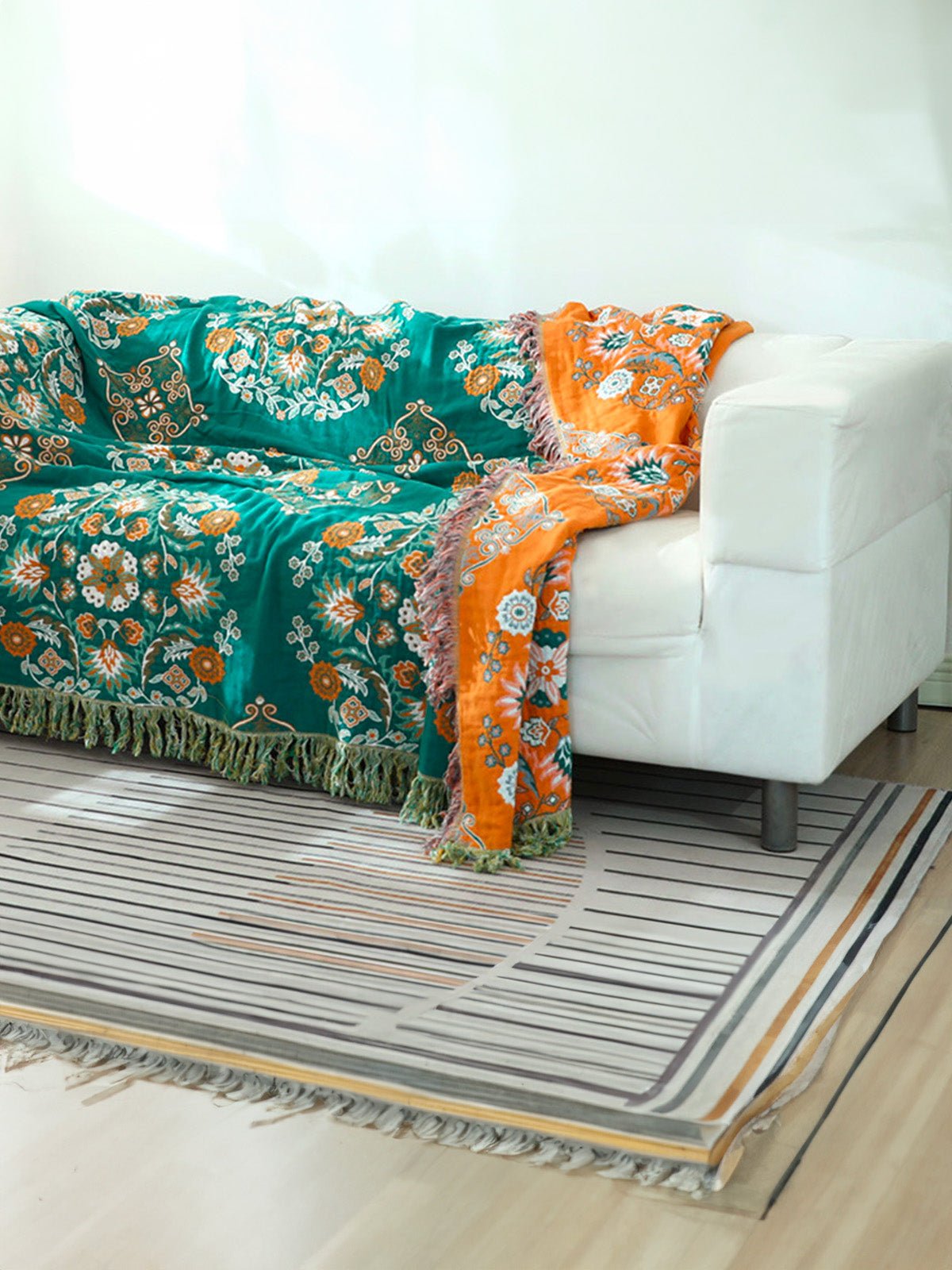 Plaid coton imprimé floral, couverture canapé réversible, jeté décoratif frangé, plaid double face, motif bohème, modèle Luanis - Jaune et vert 230 x 250 cm