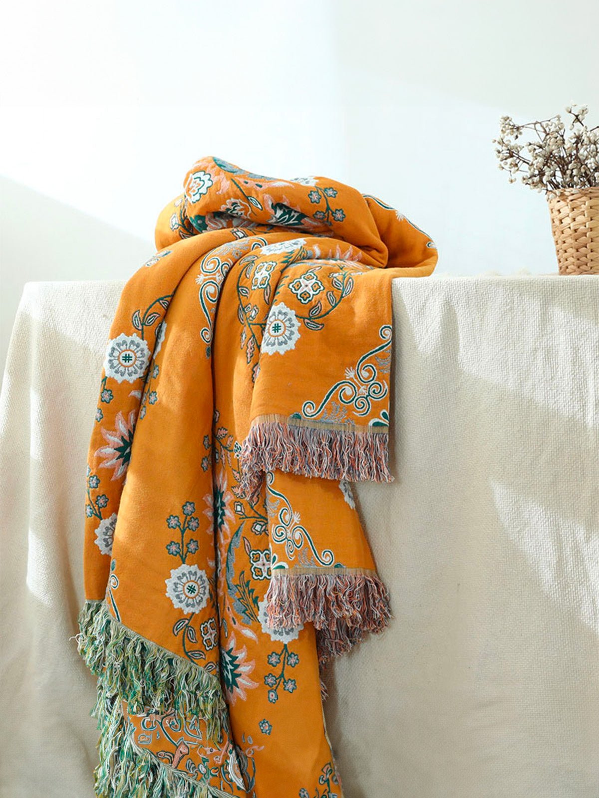 Plaid coton imprimé floral, couverture canapé réversible, jeté décoratif frangé, plaid double face, motif bohème, modèle Luanis - Jaune et vert 230 x 250 cm
