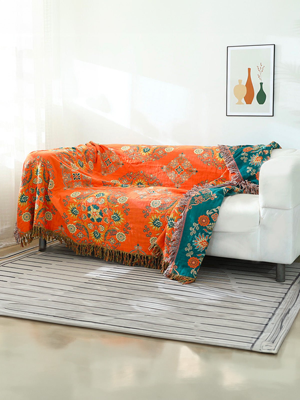 Plaid coton imprimé floral, couverture canapé réversible, jeté décoratif frangé, plaid double face, motif bohème, modèle Luanis - Orange et vert 230 x 250 cm