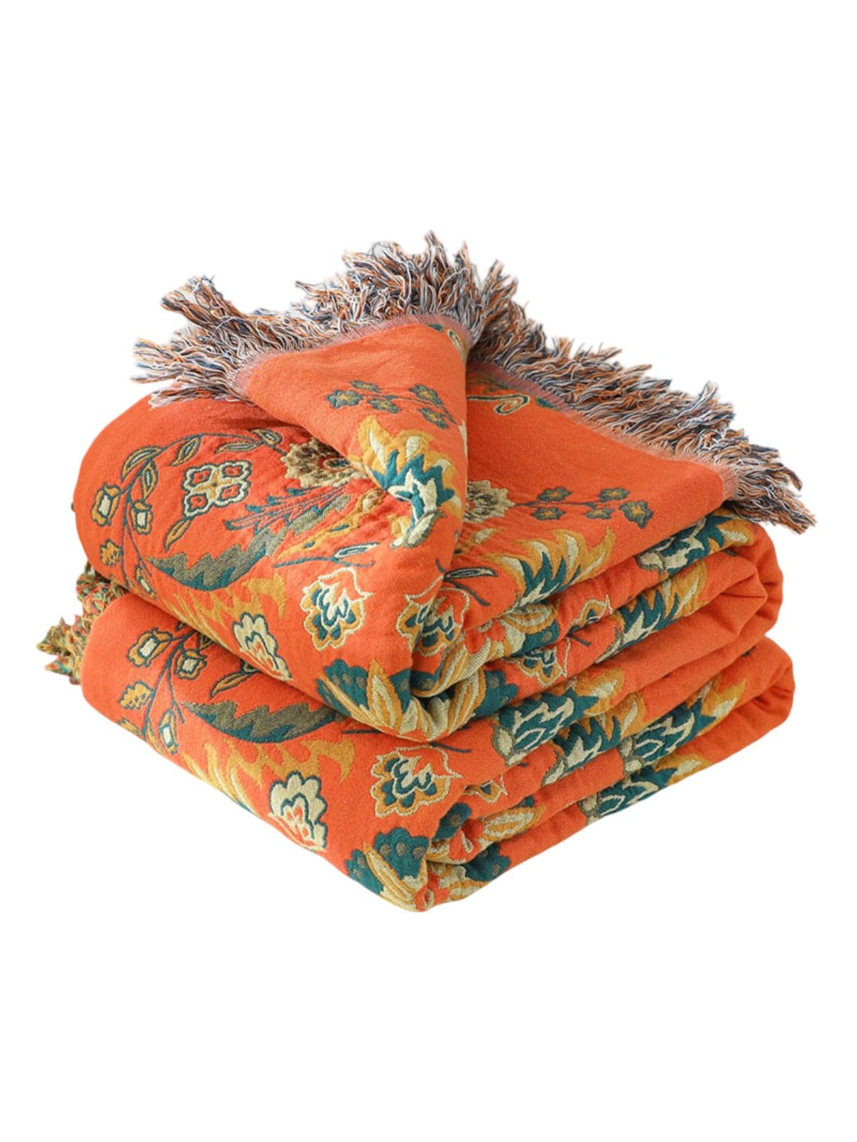 Plaid coton imprimé floral, couverture canapé réversible, jeté décoratif frangé, plaid double face, motif bohème, modèle Luanis - Orange et vert 230 x 250 cm