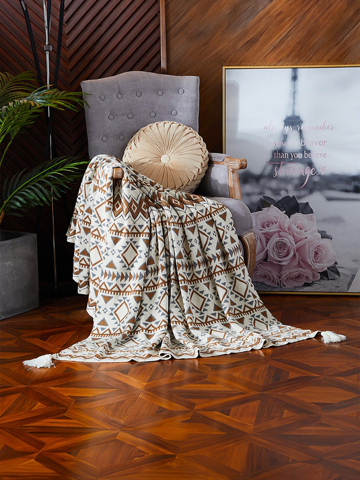 Plaid coton jacquard, couverture canapé, style ethnique, grande taille, doux et chaud, motif géométrique, modèle Zeren - Blanc et marron 130 x 150 cm