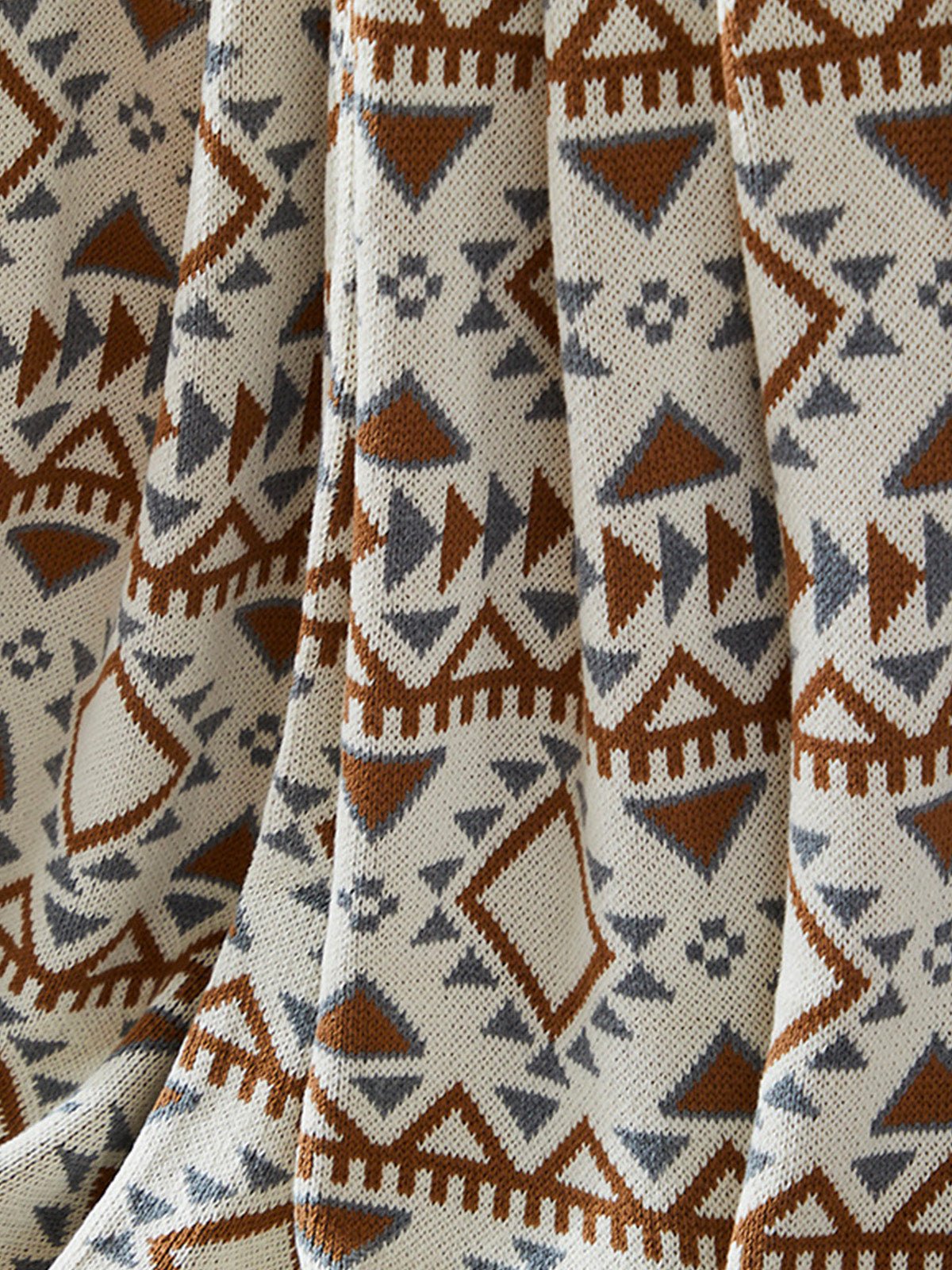 Plaid coton jacquard, couverture canapé, style ethnique, grande taille, doux et chaud, motif géométrique, modèle Zeren - Blanc et marron 130 x 150 cm