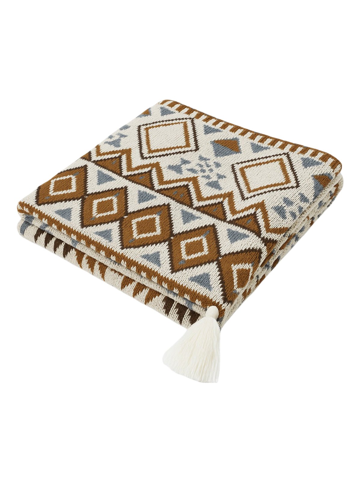 Plaid coton jacquard, couverture canapé, style ethnique, grande taille, doux et chaud, motif géométrique, modèle Zeren - Blanc et marron 130 x 150 cm