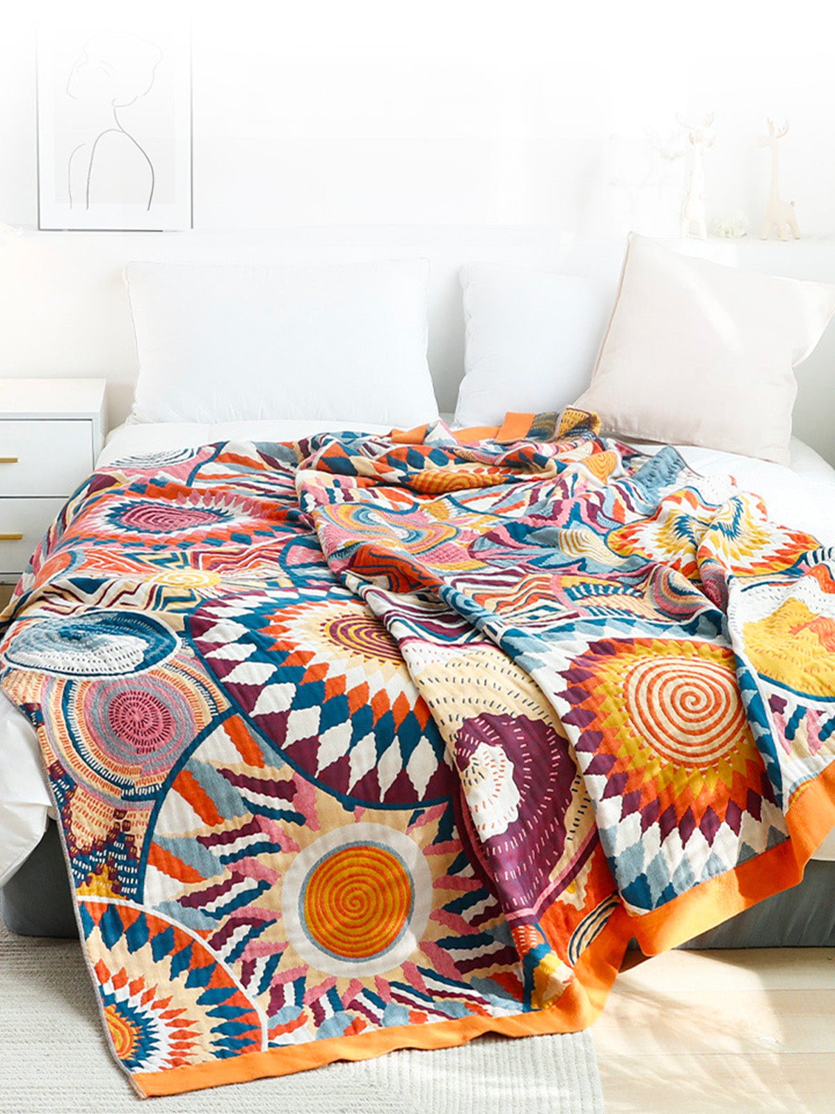 Plaid coton lavable, couverture d'été légère, jeté de lit coloré, design géométrique, brodé main, modèle Tarei - Multicolore 150 x 200 cm