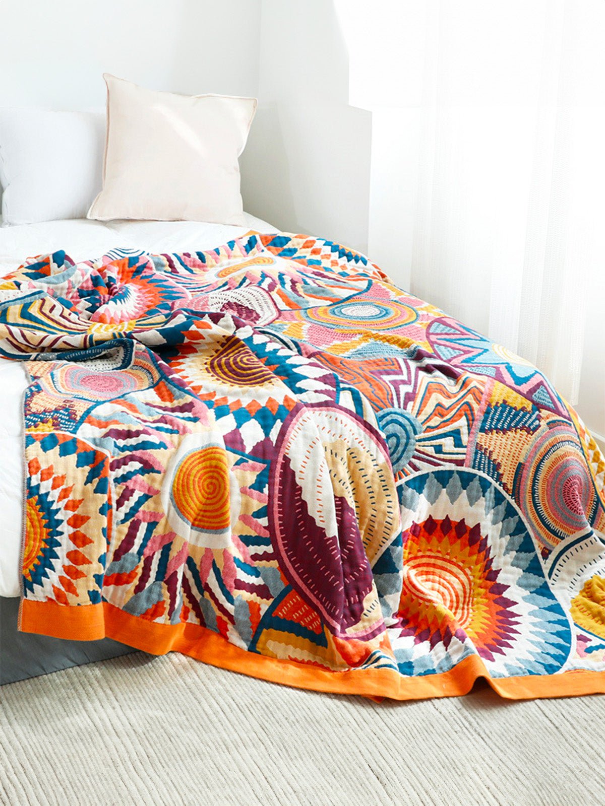Plaid coton lavable, couverture d'été légère, jeté de lit coloré, design géométrique, brodé main, modèle Tarei - Multicolore 150 x 200 cm