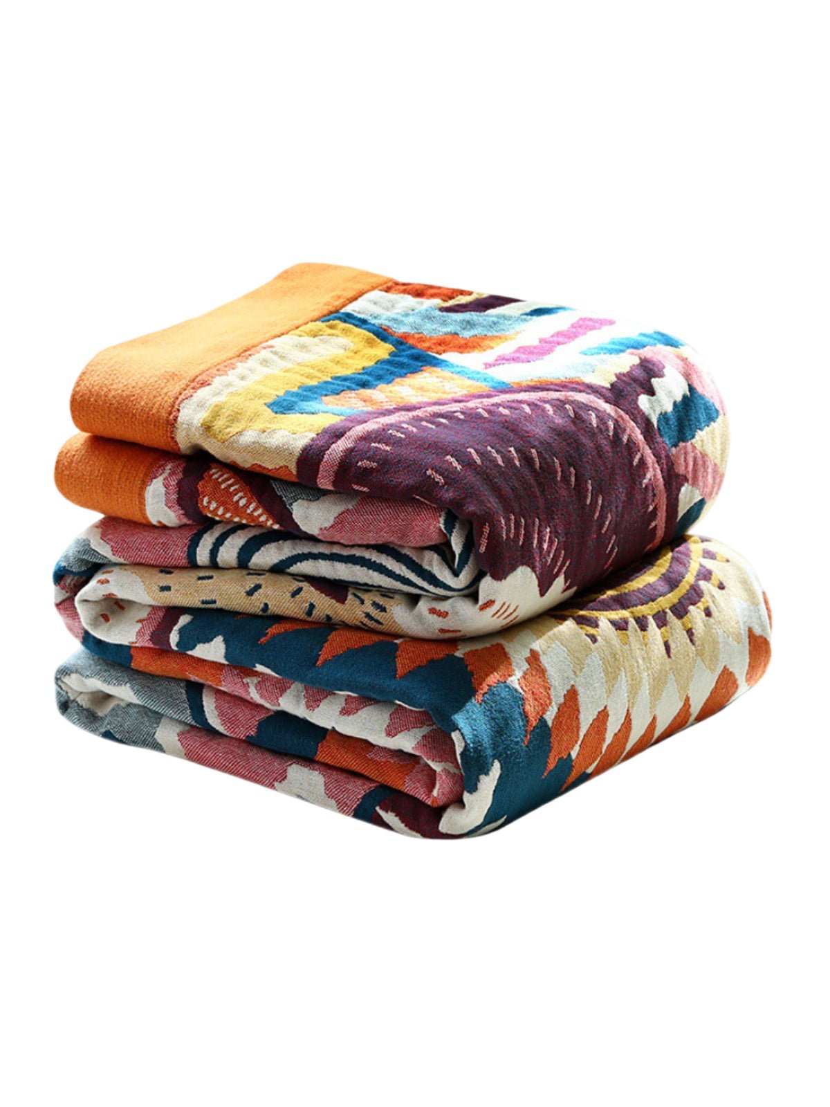 Plaid coton lavable, couverture d'été légère, jeté de lit coloré, design géométrique, brodé main, modèle Tarei - Multicolore 150 x 200 cm
