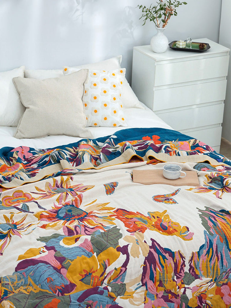 Plaid coton léger, couverture fleurie, jeté de lit coloré, plaid d’été, couverture décorative, modèle Tyrel - Multicolore 150 x 200 cm