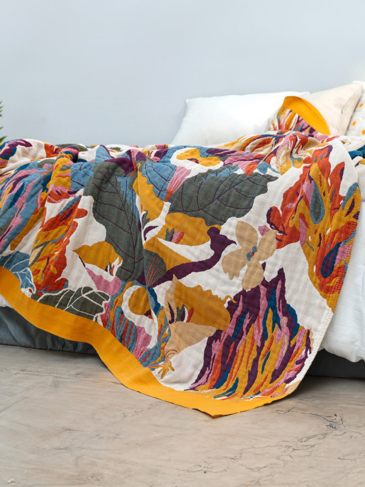 Plaid coton léger, couverture fleurie, jeté de lit coloré, plaid d’été, couverture décorative, modèle Tyrel - Multicolore 150 x 200 cm