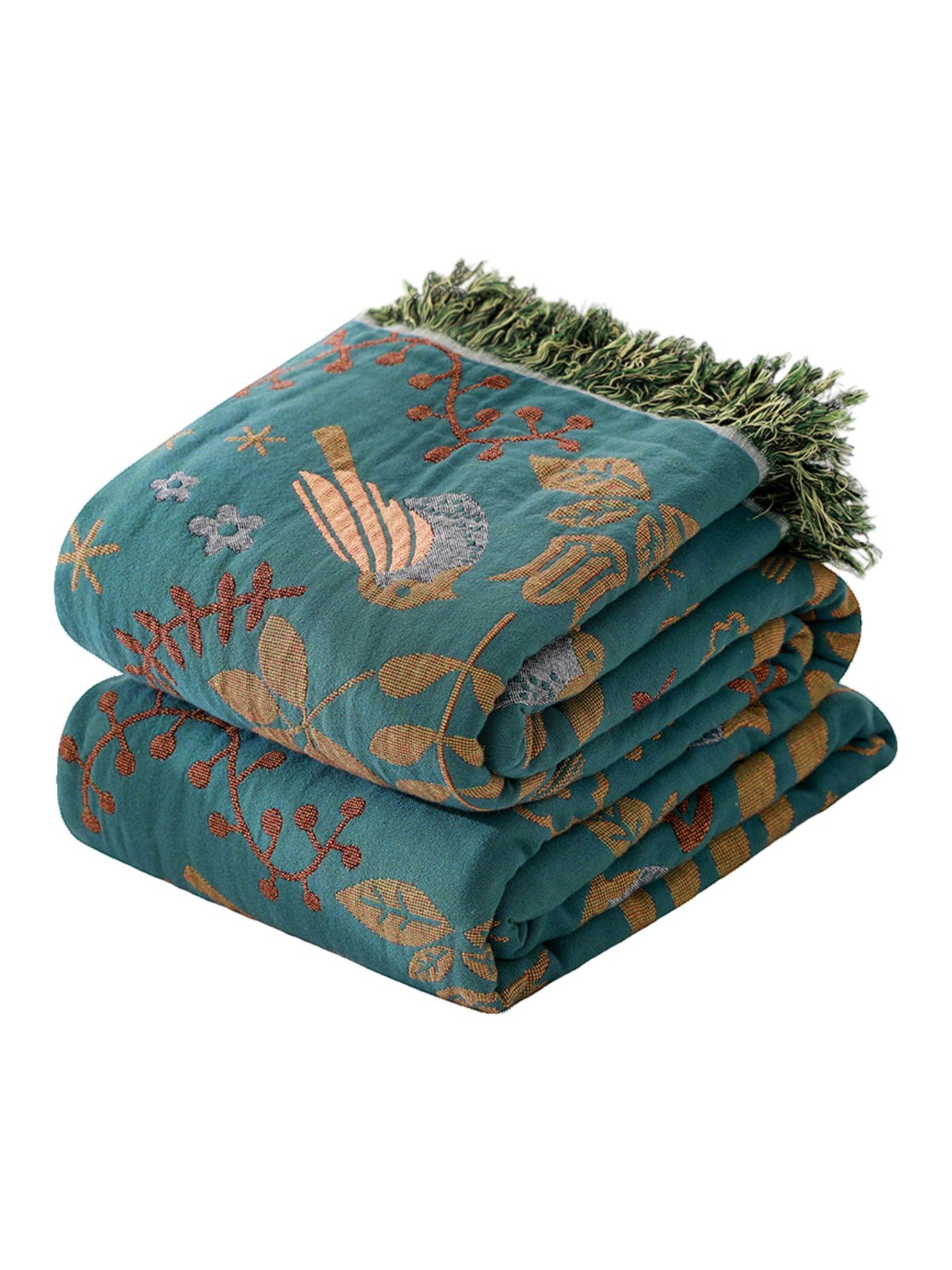 Plaid coton oiseau floral, couverture douce canapé lit, jeté réversible décoratif, plaid vert tissé, grande taille cocooning, modèle Kaelis - Vert 150 x 200 cm