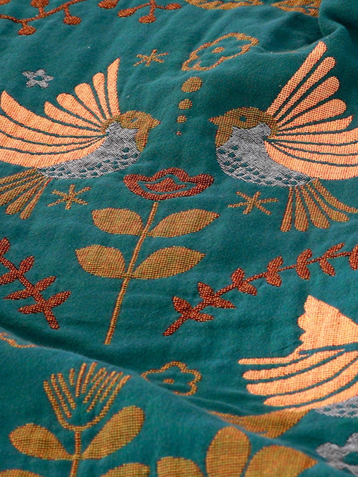 Plaid coton oiseau floral, couverture douce canapé lit, jeté réversible décoratif, plaid vert tissé, grande taille cocooning, modèle Kaelis - Vert 150 x 200 cm