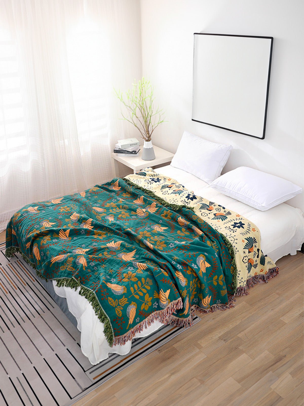 Plaid coton oiseau floral, couverture douce canapé lit, jeté réversible décoratif, plaid vert tissé, grande taille cocooning, modèle Kaelis - Vert 150 x 200 cm