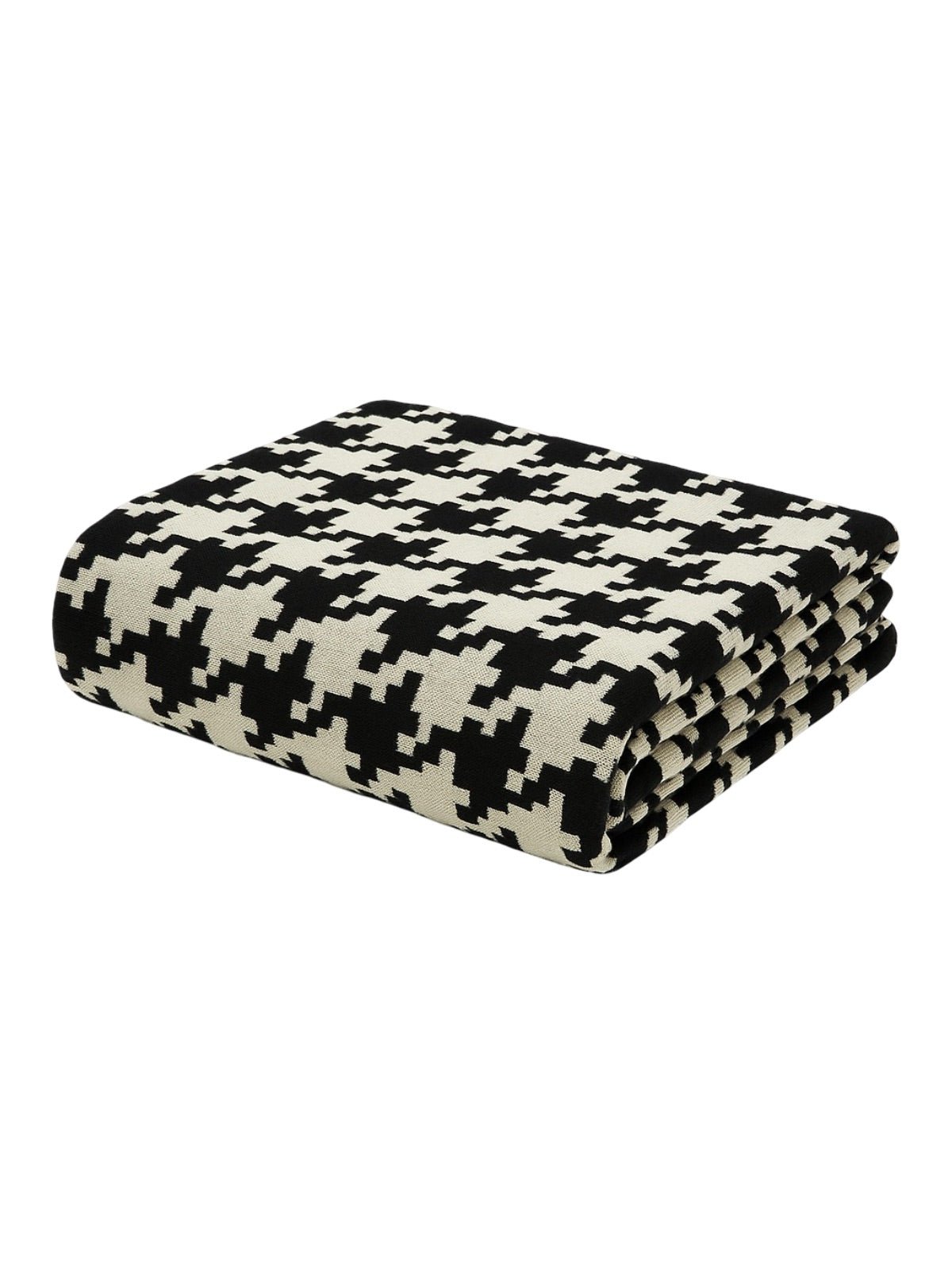 Plaid coton pied - de - poule, jeté de canapé cosy, couverture douce été, plaid déco salon, plaid noir blanc ou noir café, modèle Thalis - Blanc et noir 130 x 160 cm