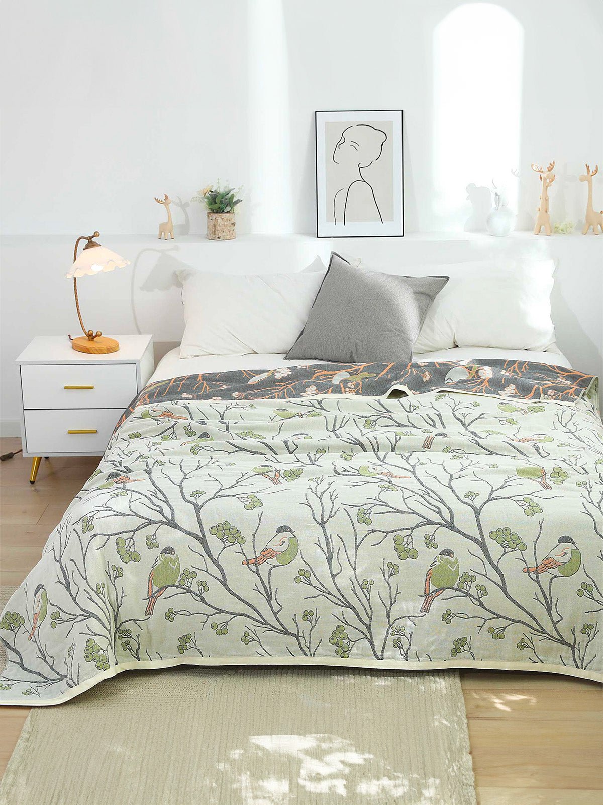 Plaid coton respirant, couverture été double face, oiseau arbre, 200x230, déco chambre, modèle Enoa - Vert 150 x 200 cm
