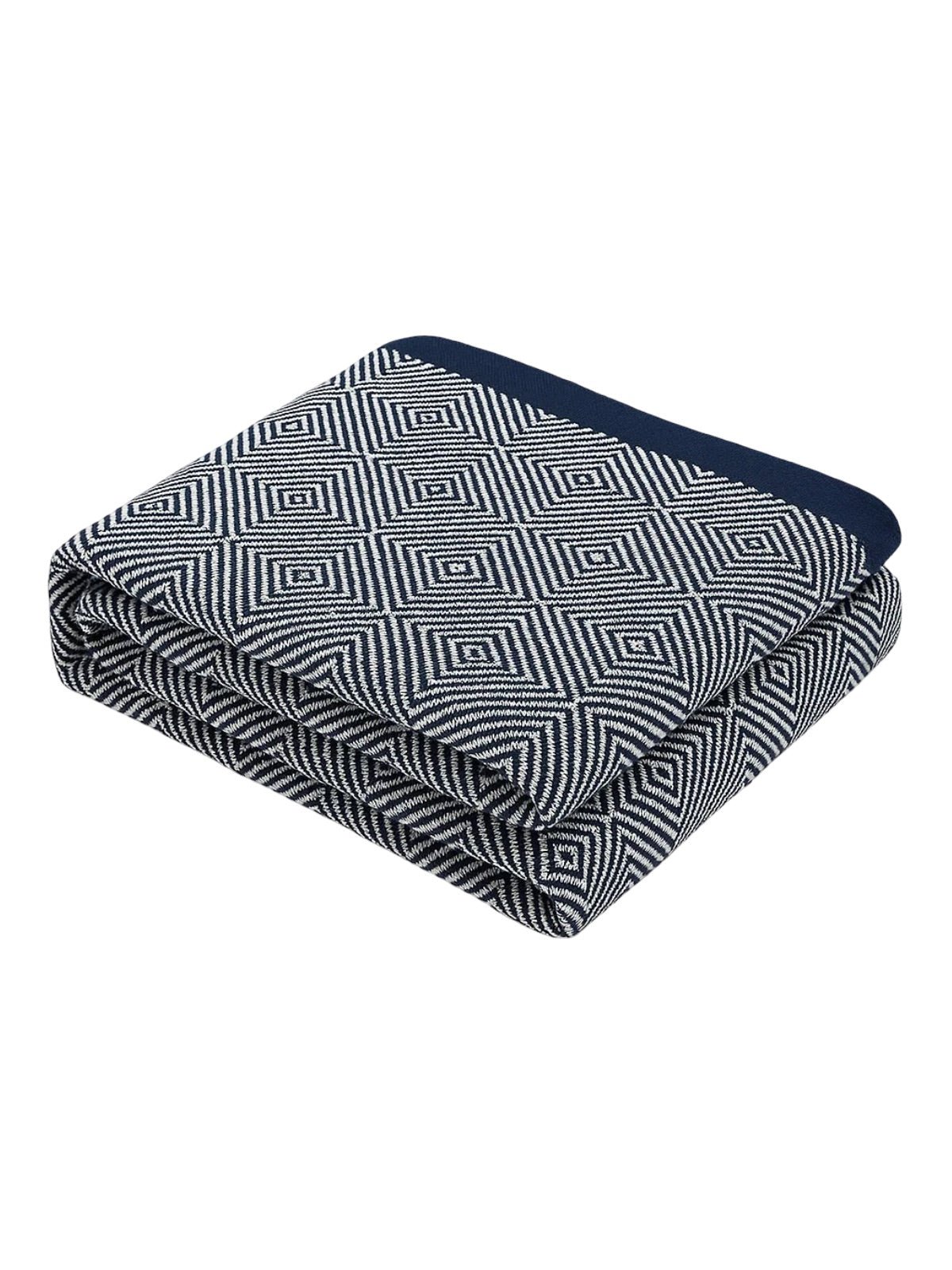 Plaid en coton doux, motif géométrique, bord contrasté, couverture canapé, jeté décoratif, modèle Awen - Bleu marine