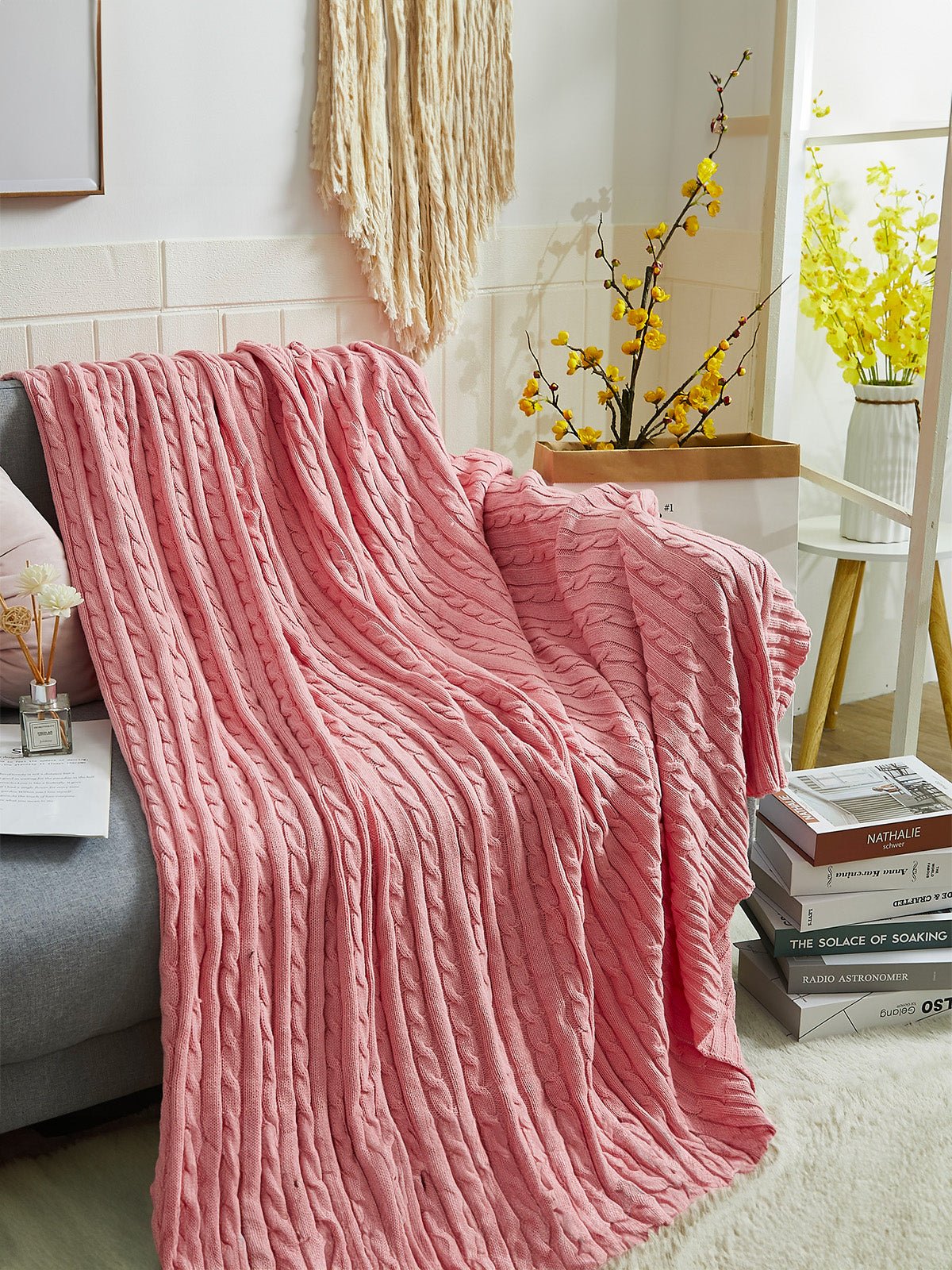 Plaid tricot coton, couverture maille torsadée, plaid canapé, plaid doux, jeté lit cosy, modèle Naho - Rose