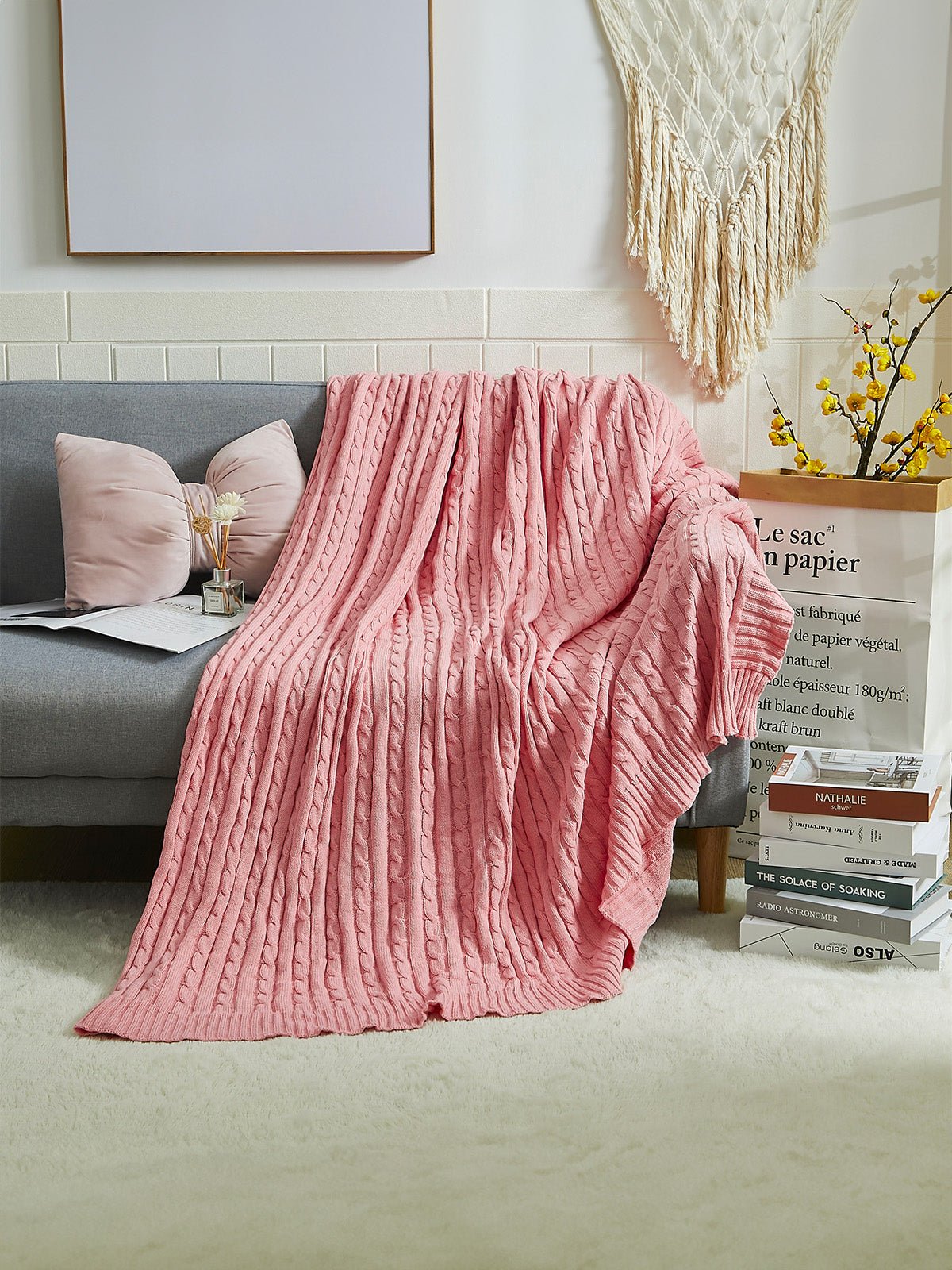 Plaid tricot coton, couverture maille torsadée, plaid canapé, plaid doux, jeté lit cosy, modèle Naho - Rose