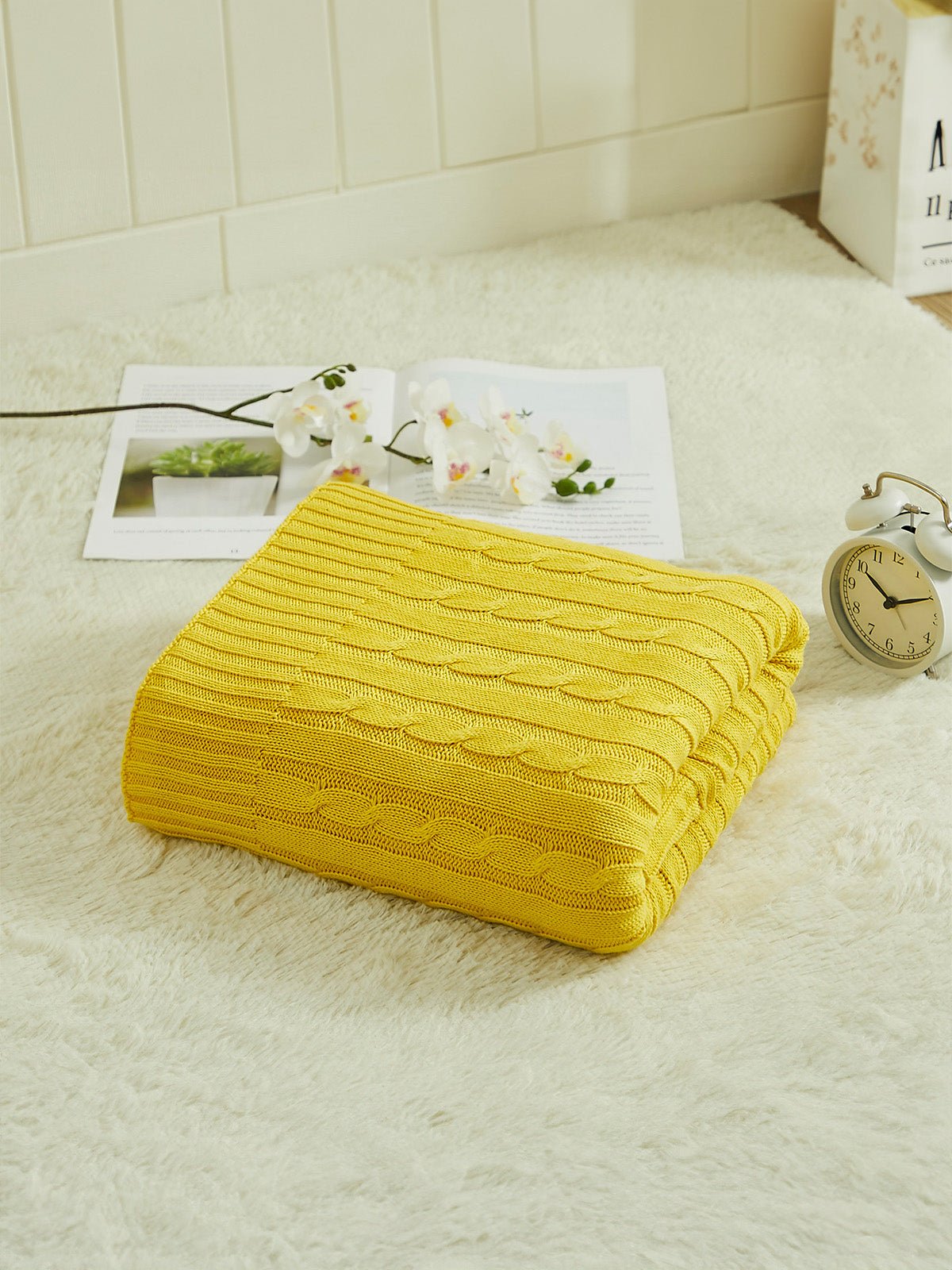 Plaid tricot coton, couverture maille torsadée, plaid canapé, plaid doux, jeté lit cosy, modèle Naho - Jaune