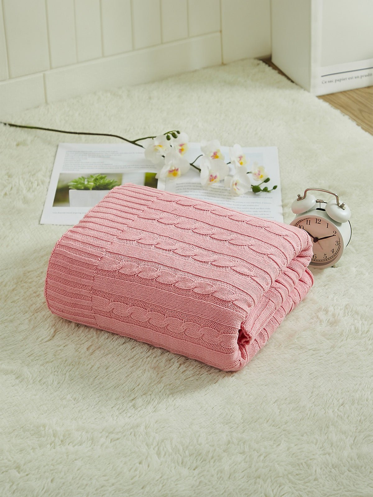 Plaid tricot coton, couverture maille torsadée, plaid canapé, plaid doux, jeté lit cosy, modèle Naho - Rose