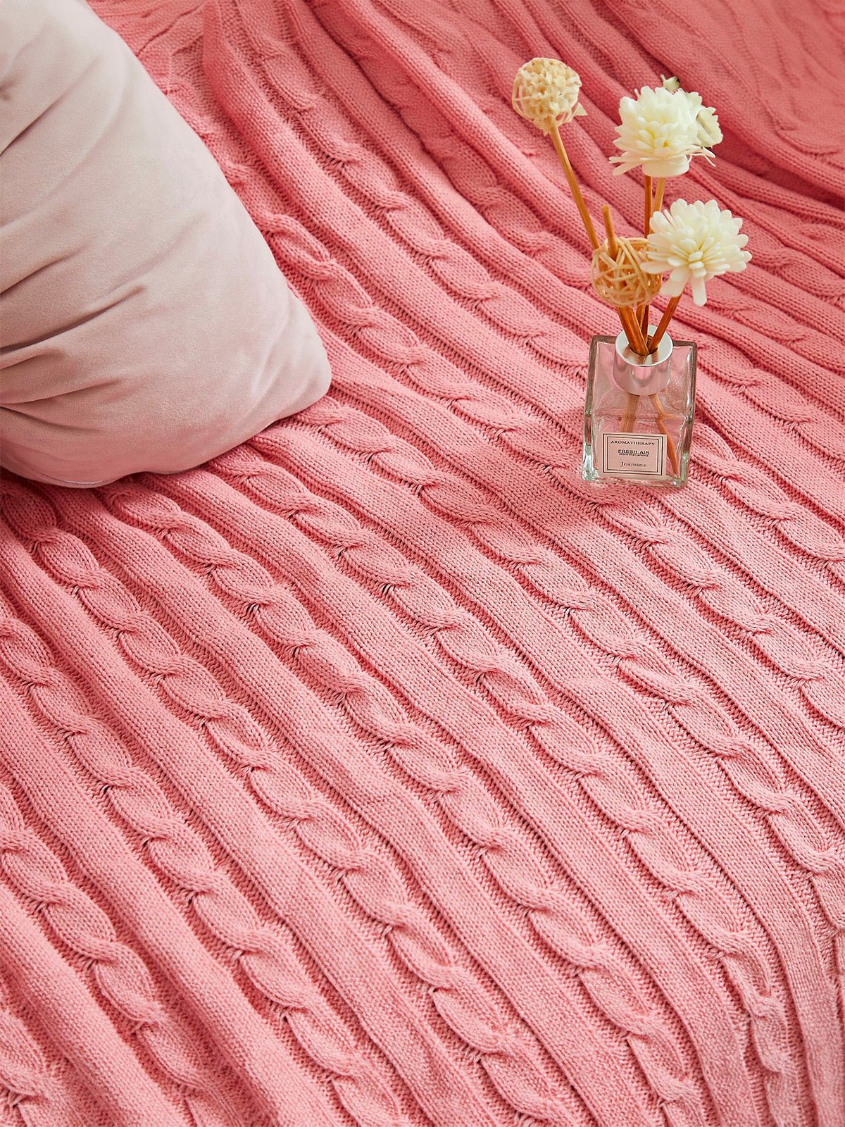 Plaid tricot coton, couverture maille torsadée, plaid canapé, plaid doux, jeté lit cosy, modèle Naho - Rose