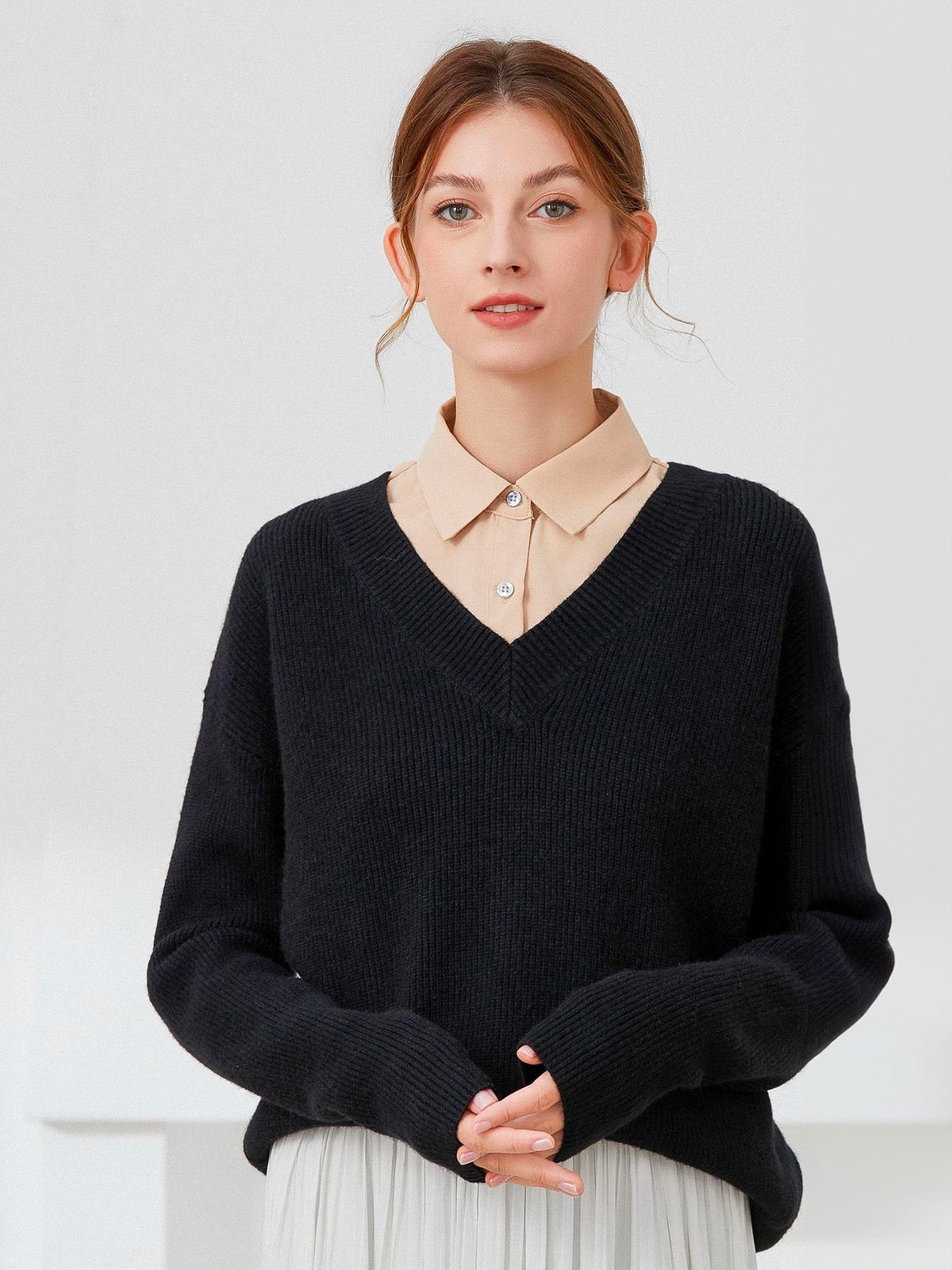 Plastron chemise femme, faux col amovible, col classique boutonné, accessoire sous pull, style raffiné, modèle Ozine - Plastron - Beige