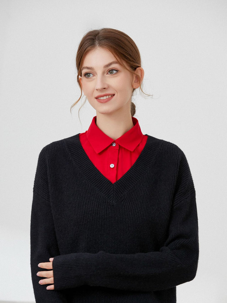Plastron chemise femme, faux col amovible, col classique boutonné, accessoire sous pull, style raffiné, modèle Ozine - Plastron - Rouge