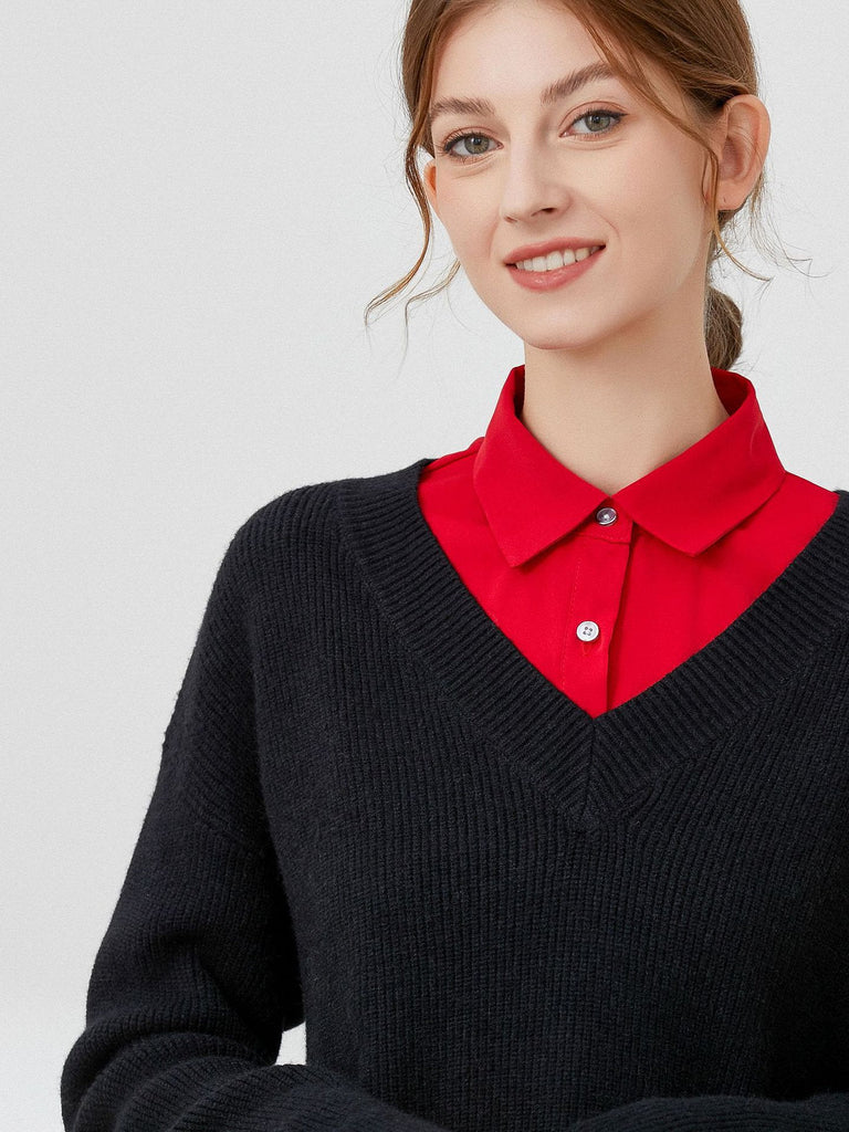 Plastron chemise femme, faux col amovible, col classique boutonné, accessoire sous pull, style raffiné, modèle Ozine - Plastron - Rouge