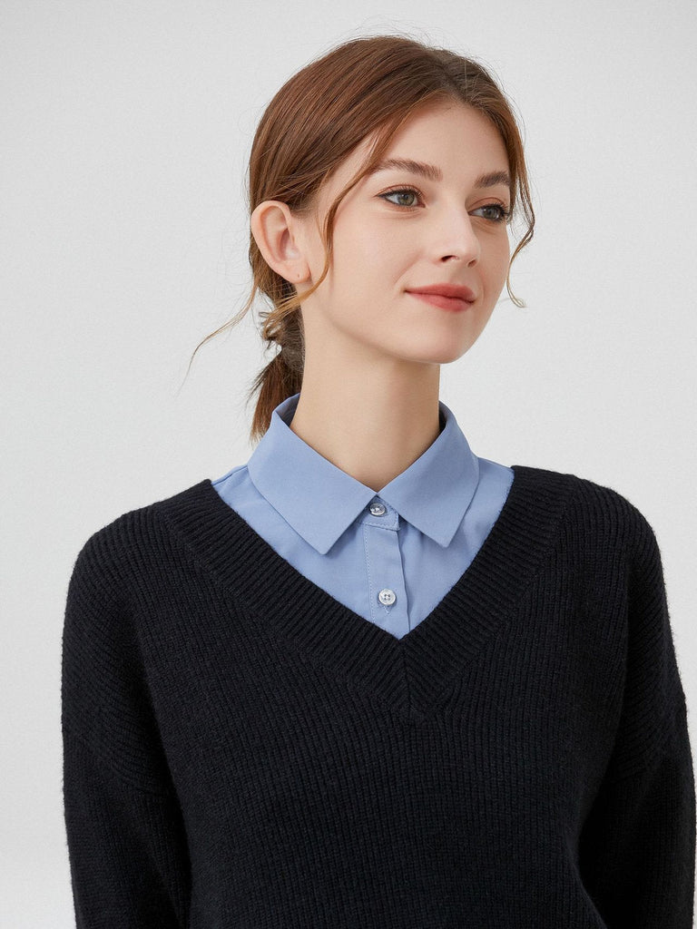 Plastron chemise femme, faux col amovible, col classique boutonné, accessoire sous pull, style raffiné, modèle Ozine - Plastron - Bleu