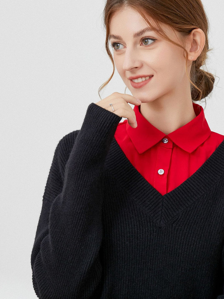 Plastron chemise femme, faux col amovible, col classique boutonné, accessoire sous pull, style raffiné, modèle Ozine - Plastron - Rouge