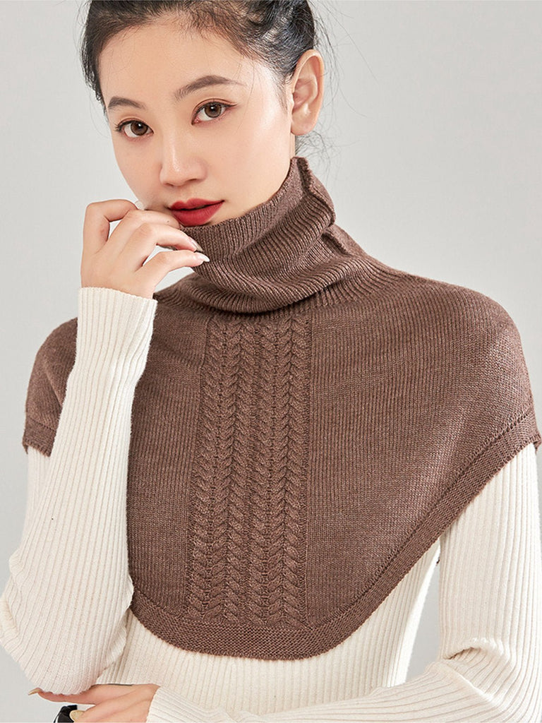 Plastron tricot col roulé femme, cache - cou hiver doux, col montant chaud, fausse encolure laine mélangée, accessoire hiver confortable, modèle Stilma - Plastron - Marron