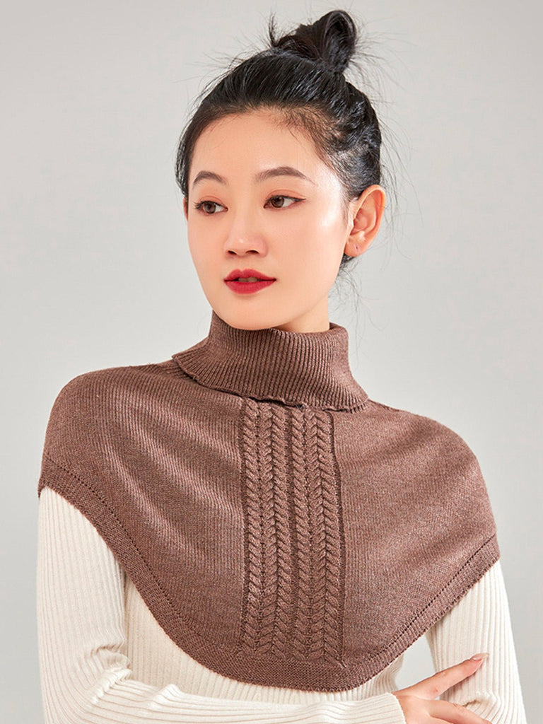 Plastron tricot col roulé femme, cache - cou hiver doux, col montant chaud, fausse encolure laine mélangée, accessoire hiver confortable, modèle Stilma - Plastron - Marron