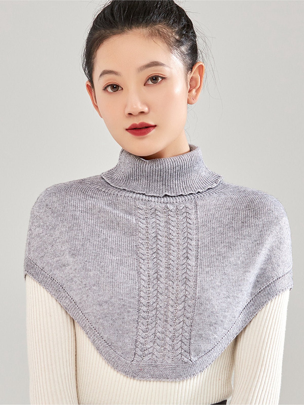 Plastron tricot col roulé femme, cache - cou hiver doux, col montant chaud, fausse encolure laine mélangée, accessoire hiver confortable, modèle Stilma - Plastron - Gris