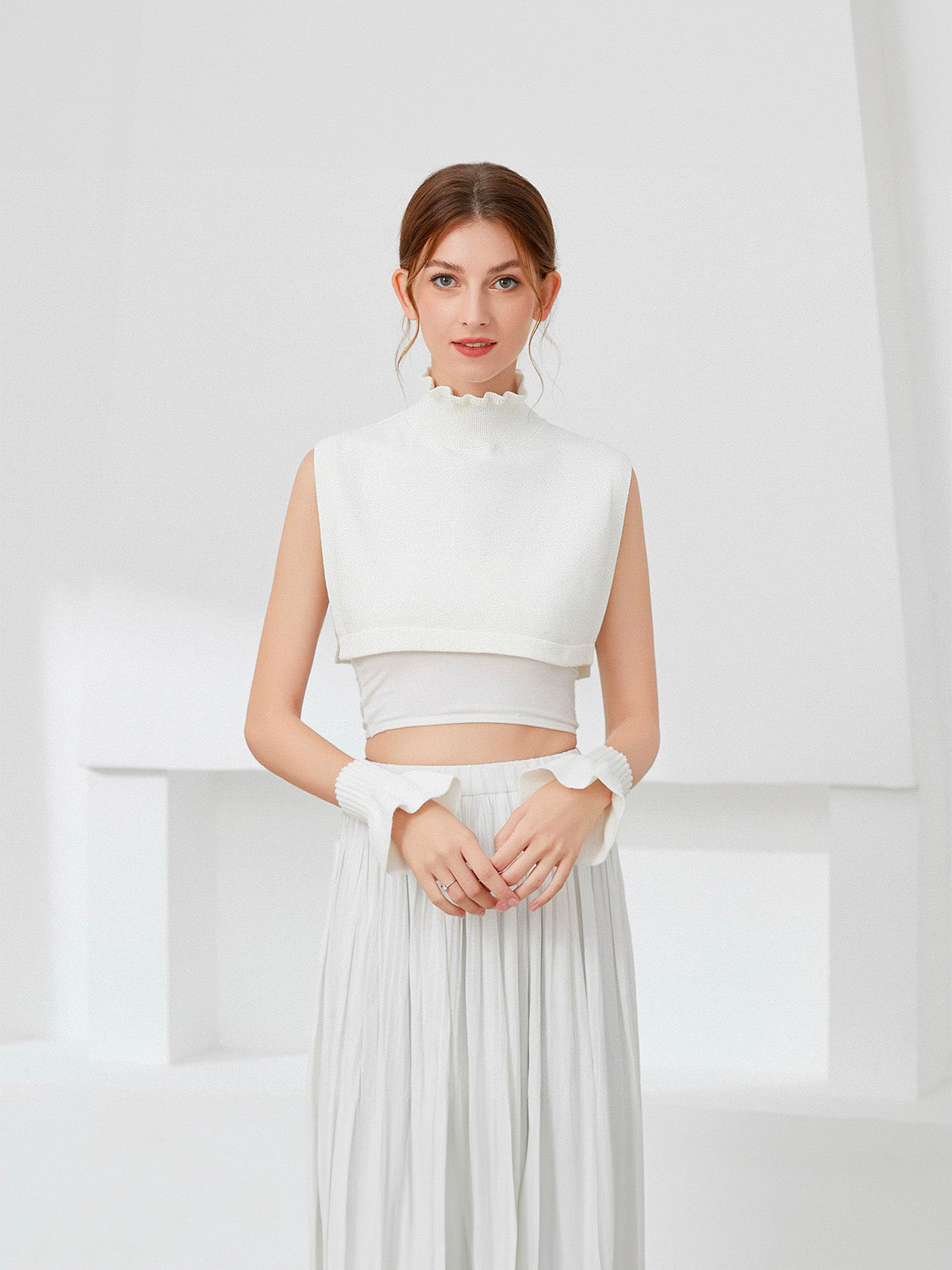 Plastron tricoté femme, faux col chaud hiver, col montant volanté, accessoire maille douce, col amovible blanc ou noir, modèle Kilène - Plastron - Blanc