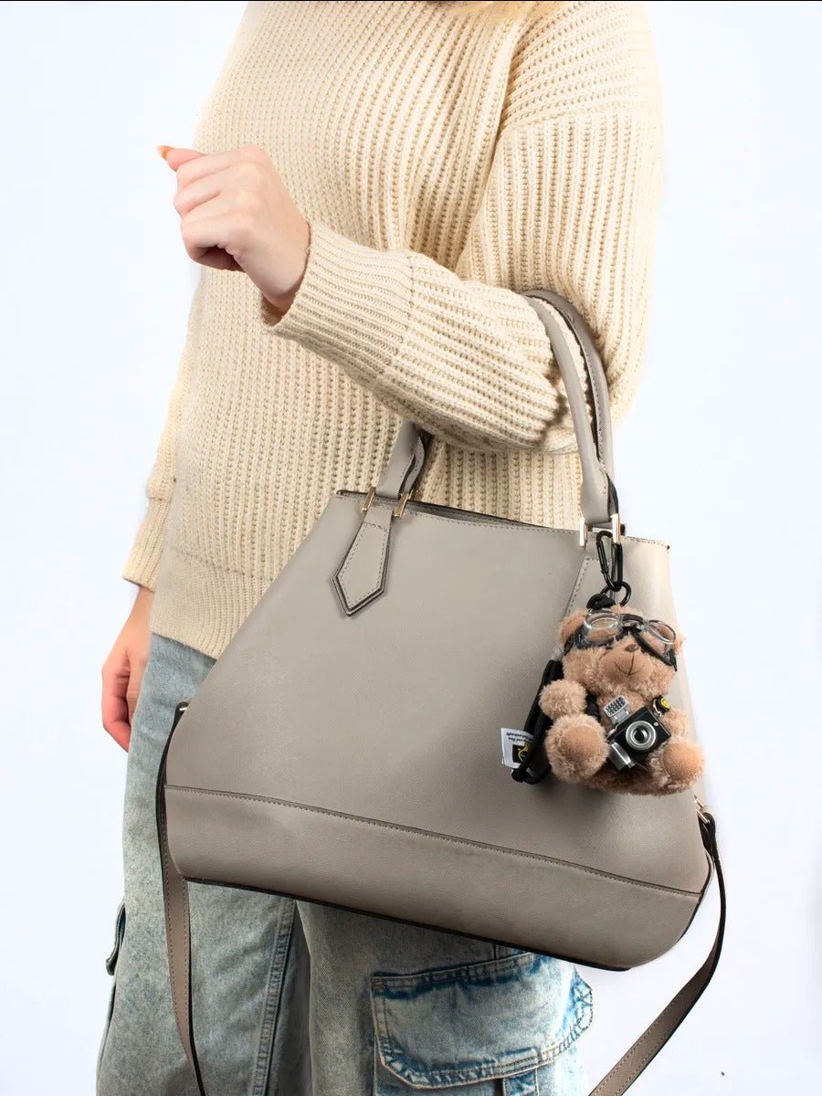 Porte - clés nounours, bijou de sac appareil photo, ourson avec lunettes, peluche mignonne sac, accessoire lumineux sac à main, modèle Winnie - Beige